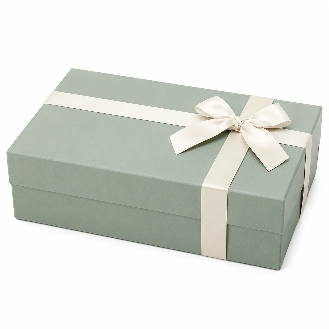 Boîte cadeau 30 x 22 x 10 cm en carton vert sauge avec ruban satin style élégant