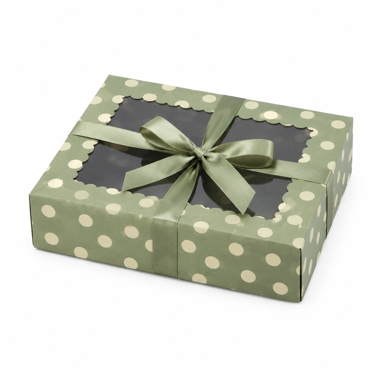 Boîte cadeau 30 x 20 x 8 cm en carton vert à pois avec fenêtre et ruban satin