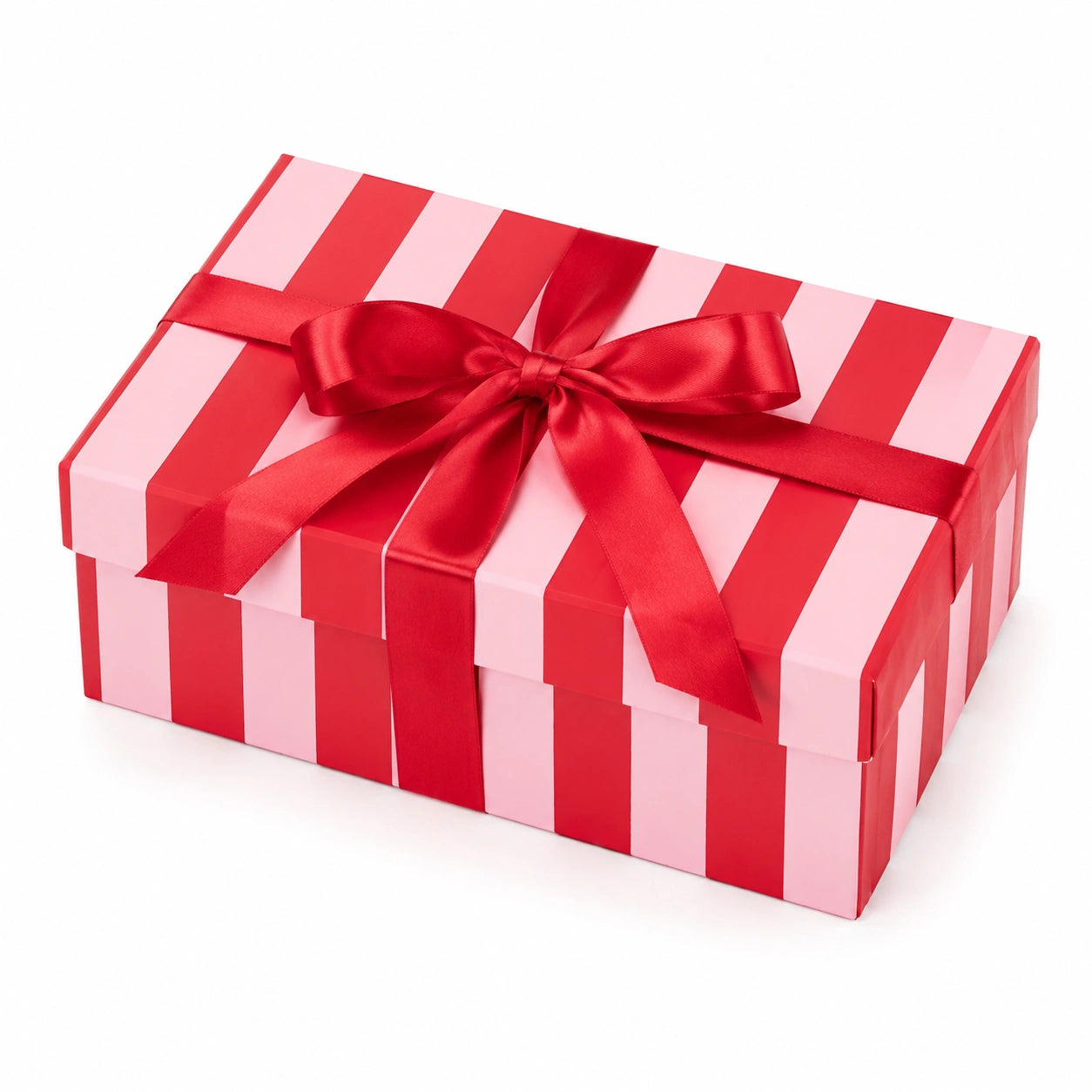 Boîte cadeau 30 x 20 x 10 cm en carton rouge et rose avec ruban satiné style rayé