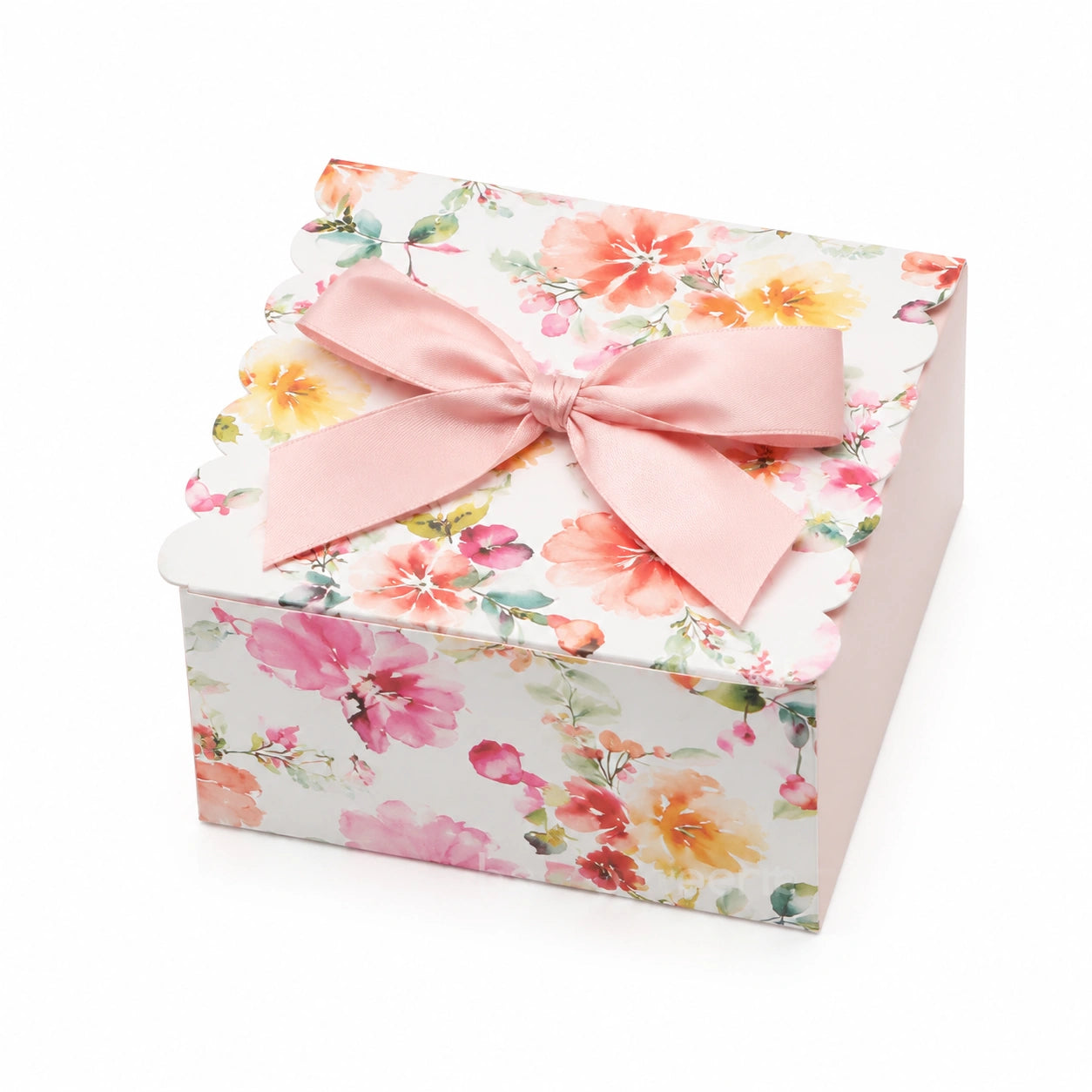 Boîte cadeau 20 x 15 x 12 cm en carton blanc rose à fleurs avec ruban décoratif