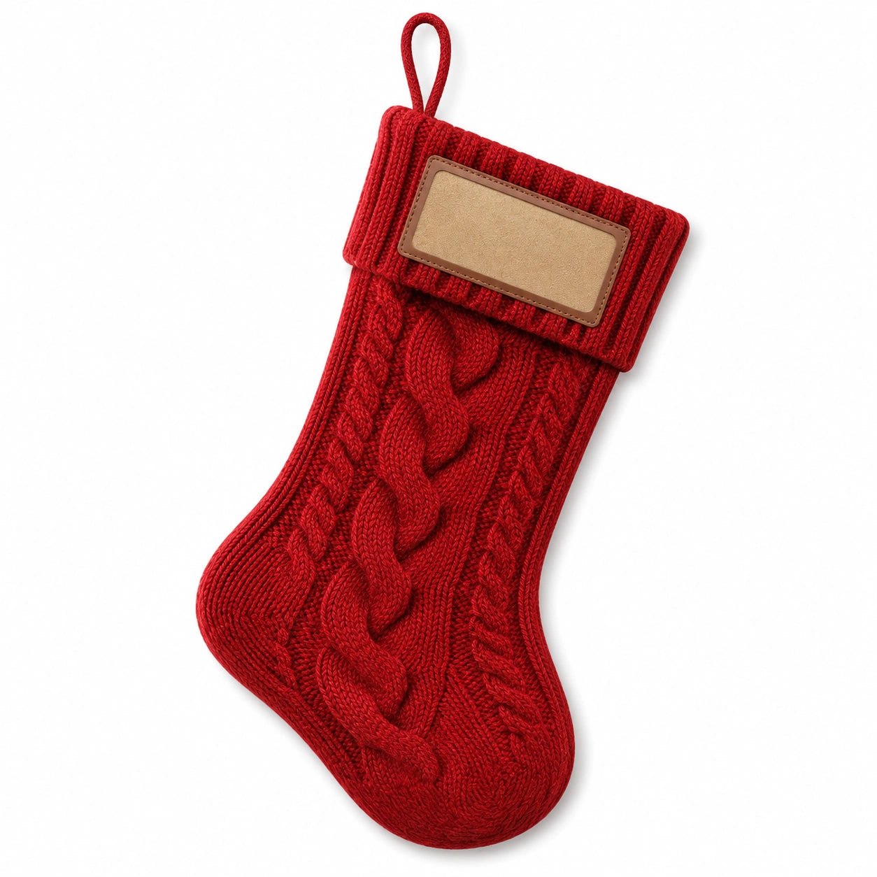 Chaussette de Noël 45 cm en textile tricoté rouge à torsades avec boucle de suspension
