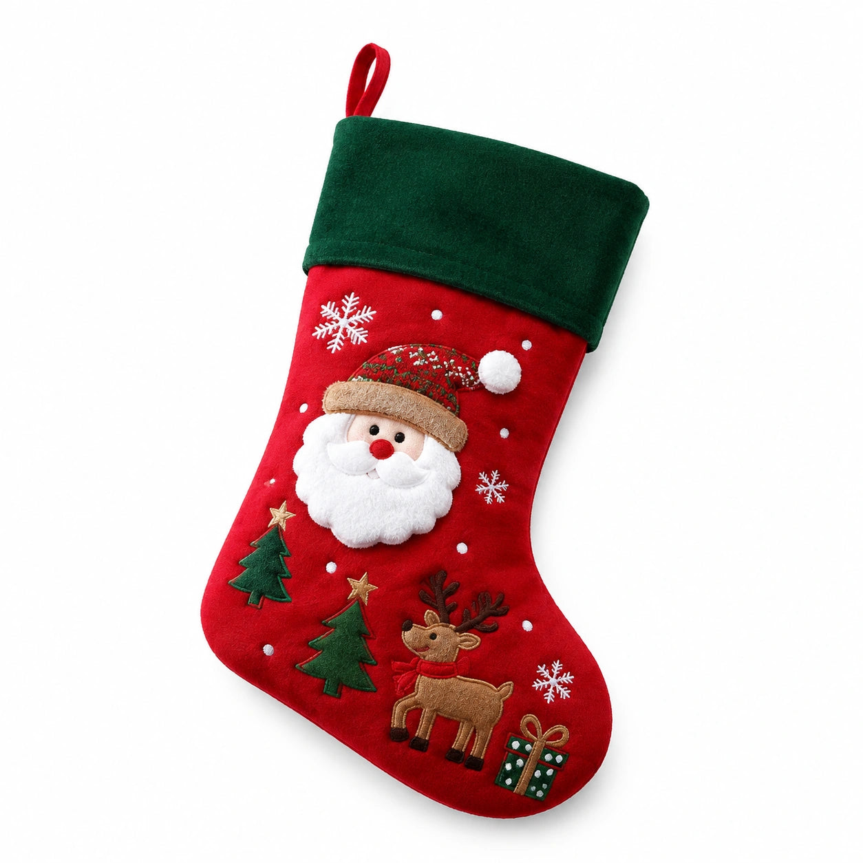 Chaussette de Noël 45 cm en textile rouge et vert à suspendre décorative