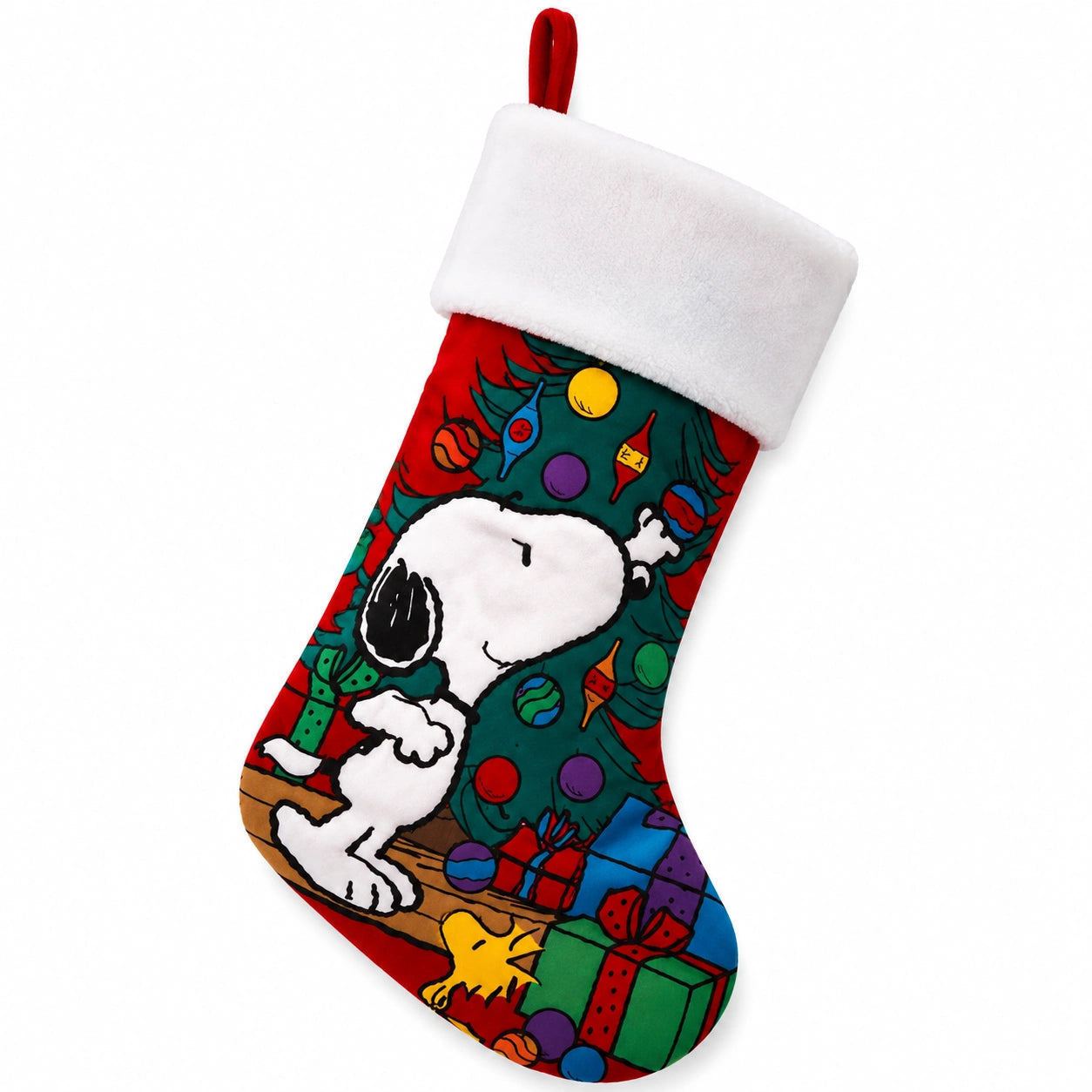 Chaussette de Noël 45 cm en textile rouge vert et blanc à motif chien décoratif à suspendre