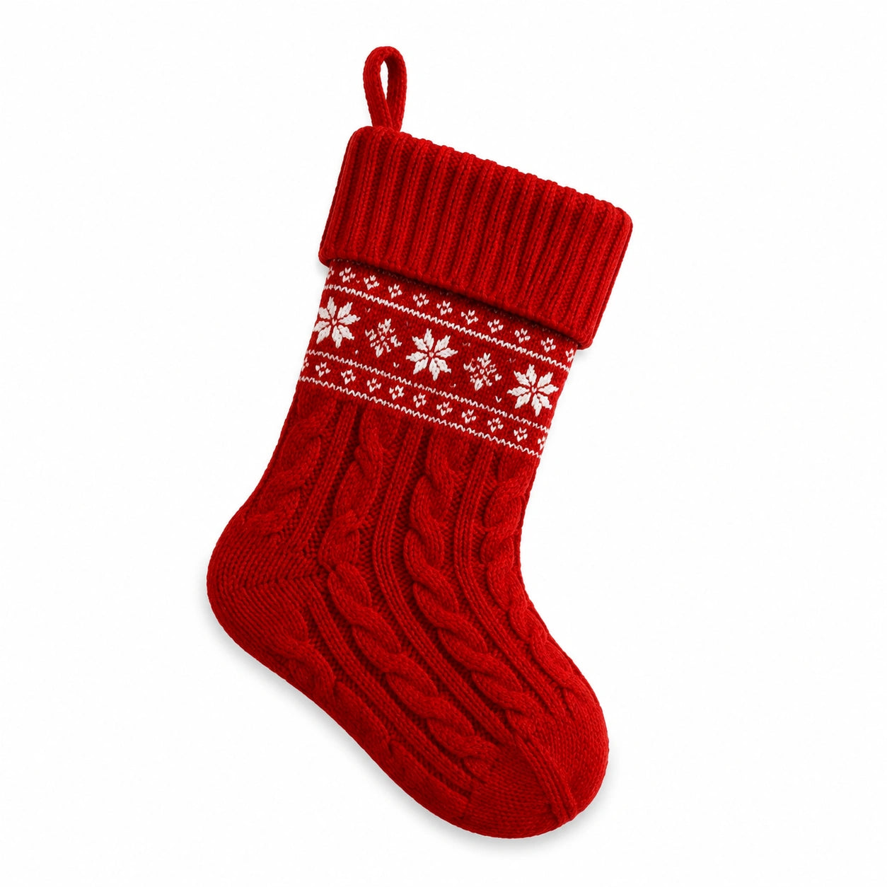Chaussette de Noël taille standard en textile tricoté rouge et blanc style hivernal à suspendre