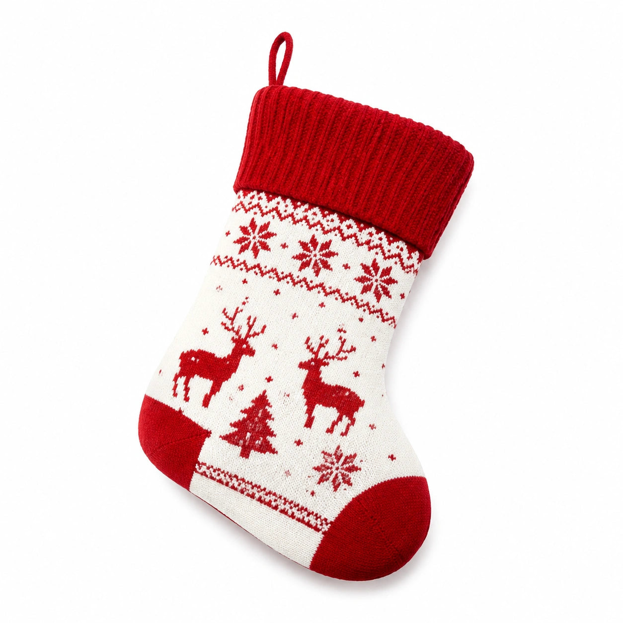 Chaussette de Noël 45 cm en maille rouge et blanche à suspendre motif rennes
