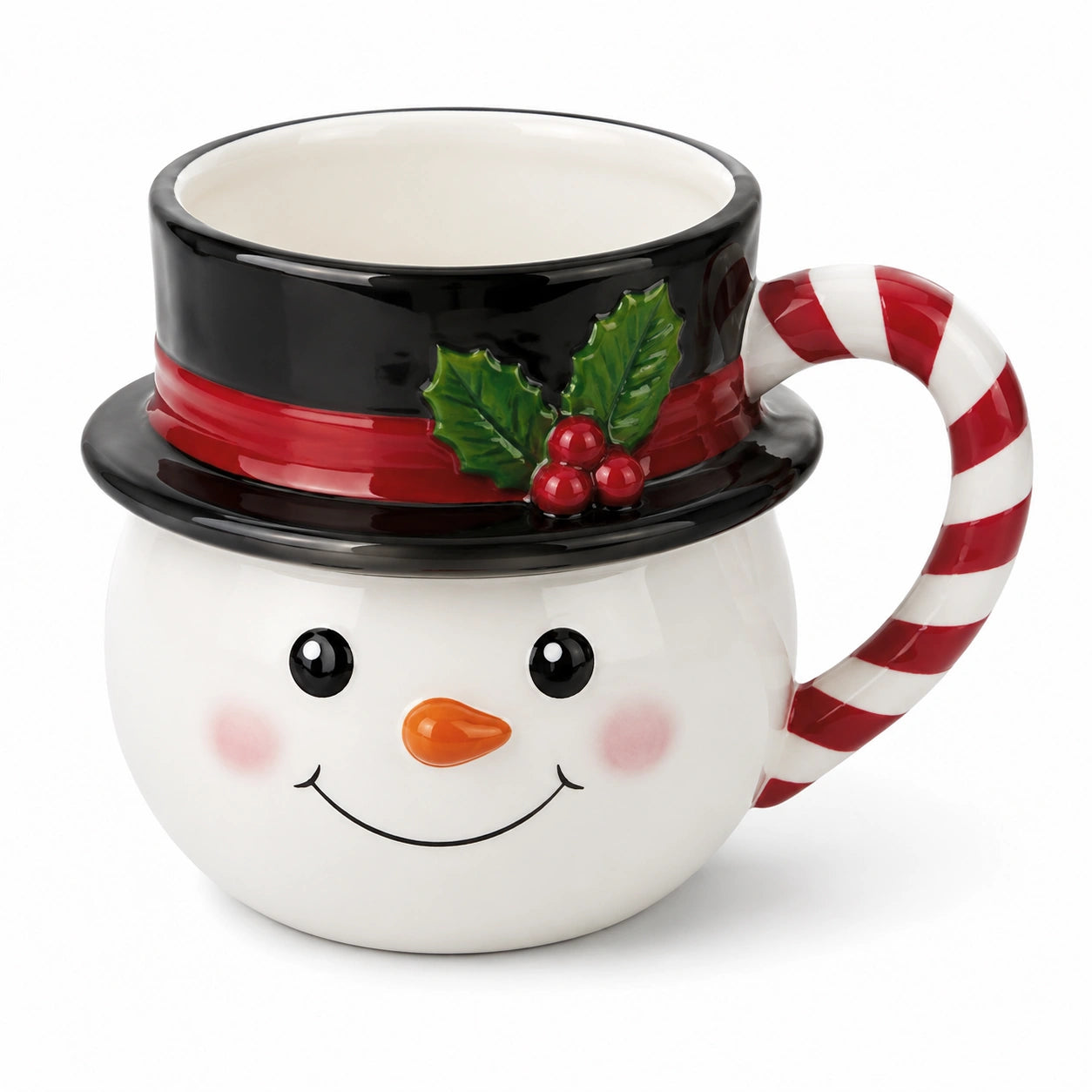 Tasse en céramique 450 ml blanc noir rouge à motif bonhomme de neige avec anse canne à sucre