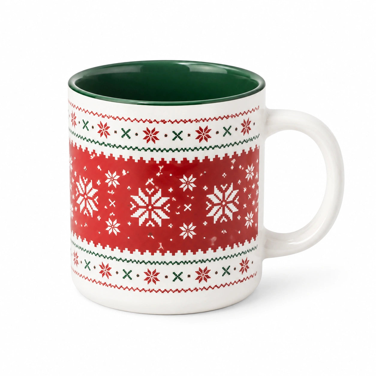Tasse en céramique 0.35 L rouge blanc vert - décor flocons pour boissons chaudes