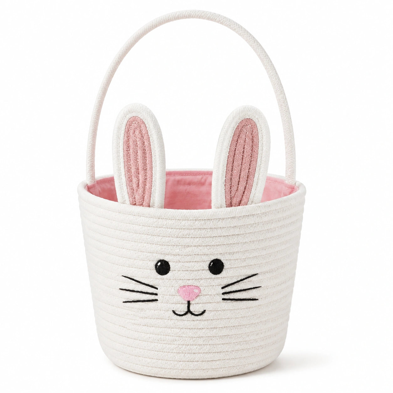 Panier de rangement rond 30 cm en coton blanc et rose motif lapin avec anses souples