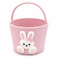 Panier de rangement rond 25 cm textile tressé rose avec anse motif lapin