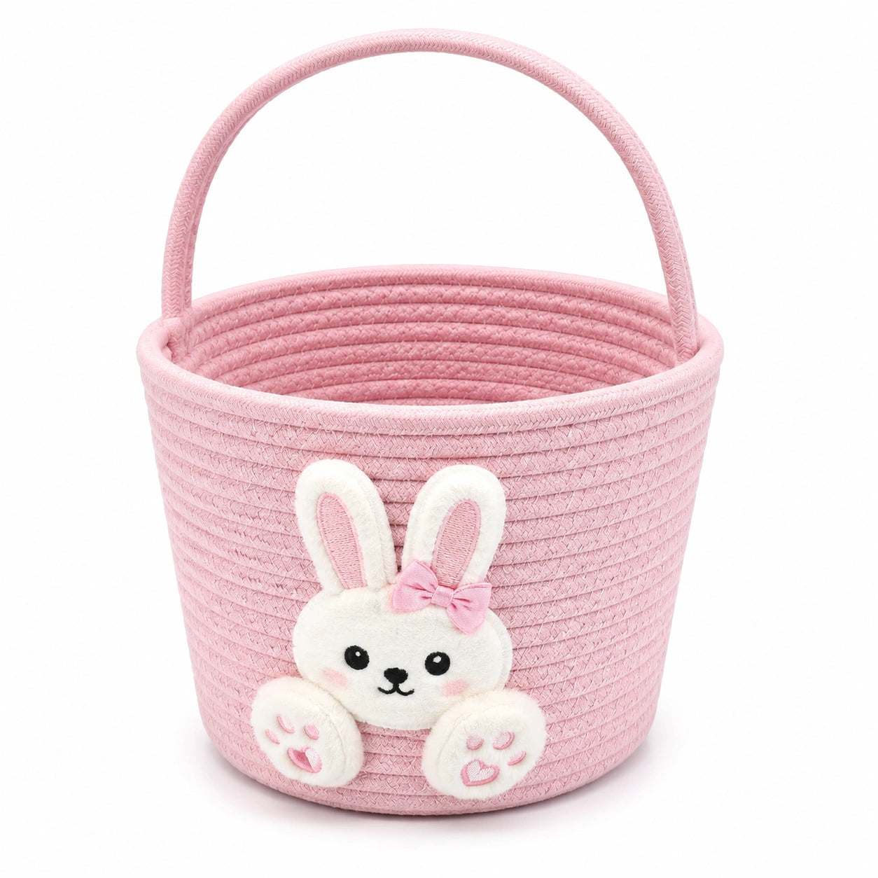 Panier de rangement rond 25 cm textile tressé rose avec anse motif lapin
