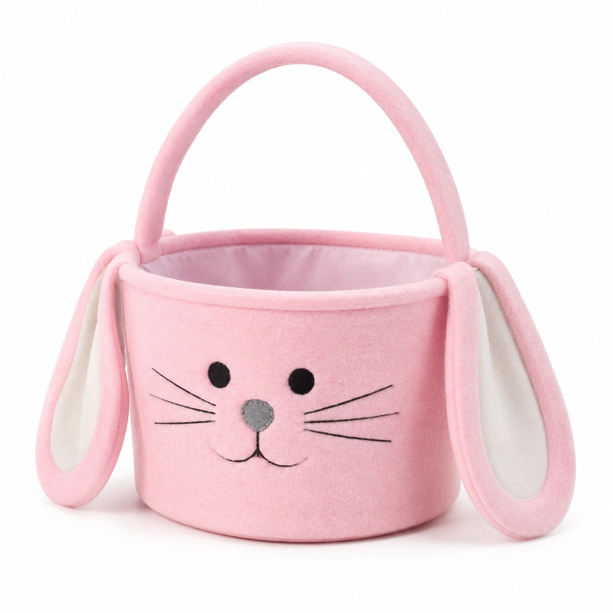 Panier de rangement rond 20 x 18 cm en tissu peluche rose motif lapin avec anse