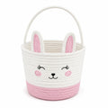 Panier de rangement rond 30 cm en corde textile blanc rose à motif lapin avec poignée