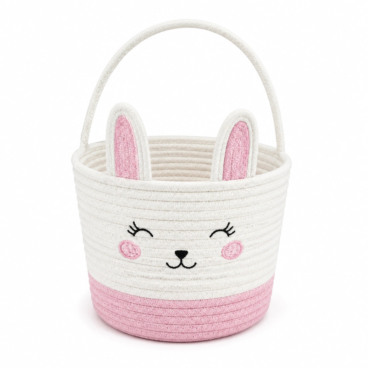 Panier de rangement rond 30 cm en corde textile blanc rose à motif lapin avec poignée