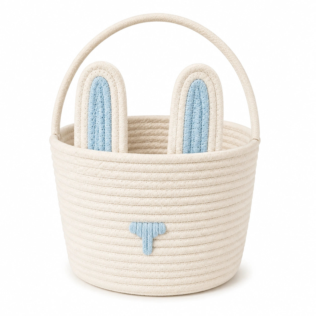Panier de rangement rond 30 x 30 cm en corde de coton écru bleu motif lapin pour chambre enfant