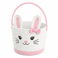 Panier de rangement rond 30 cm en corde de coton blanc et rose motif lapin avec anse