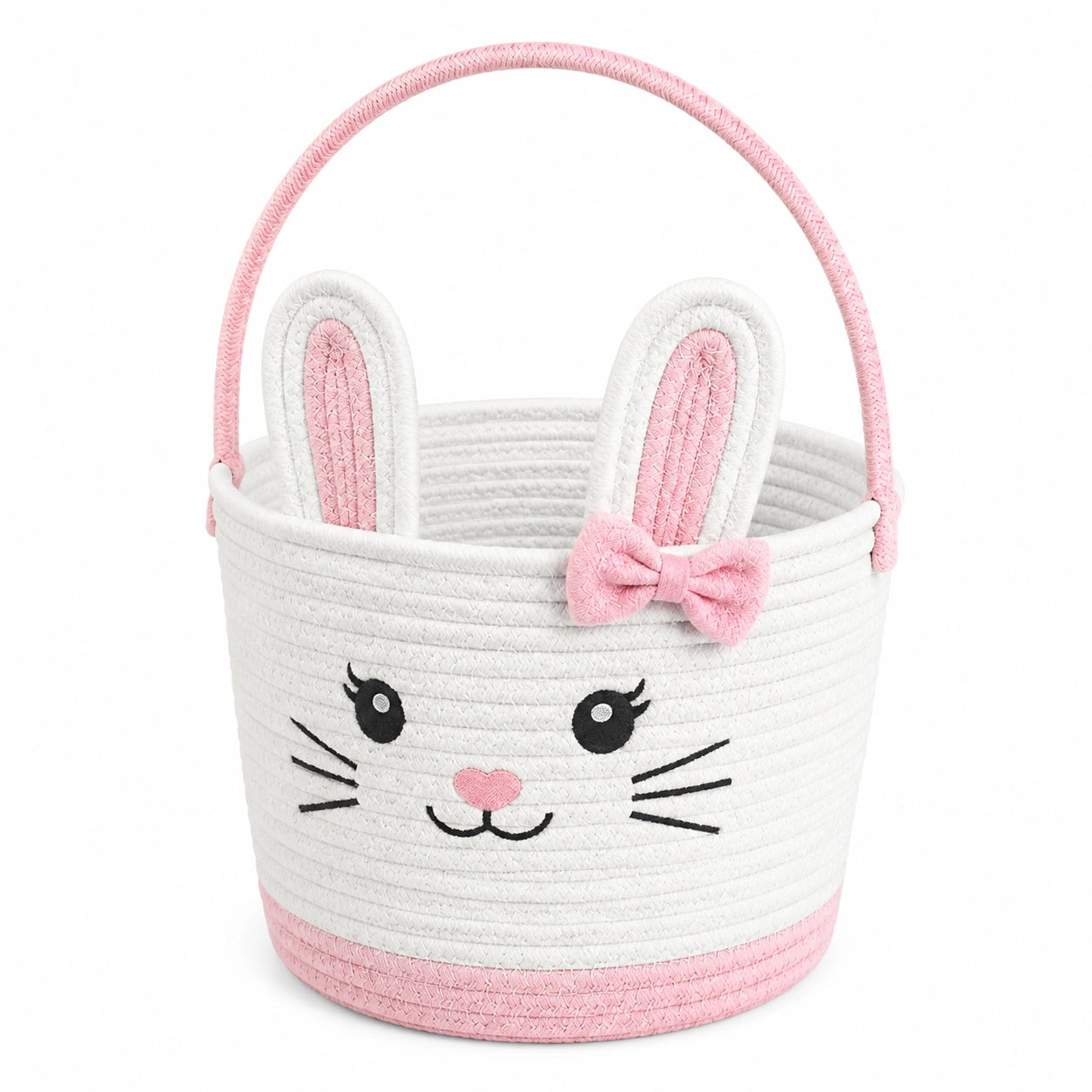 Panier de rangement rond 30 cm en corde de coton blanc et rose motif lapin avec anse