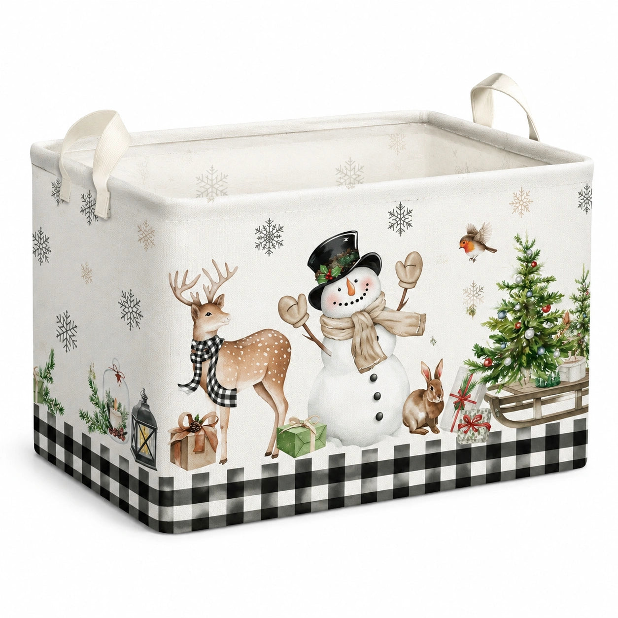Panier de rangement 40 x 30 x 30 cm en tissu blanc motif hivernal avec poignées pliable