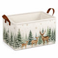 Panier de rangement rectangulaire 40 x 30 x 30 cm en tissu blanc motif forêt enneigée avec poignées brun