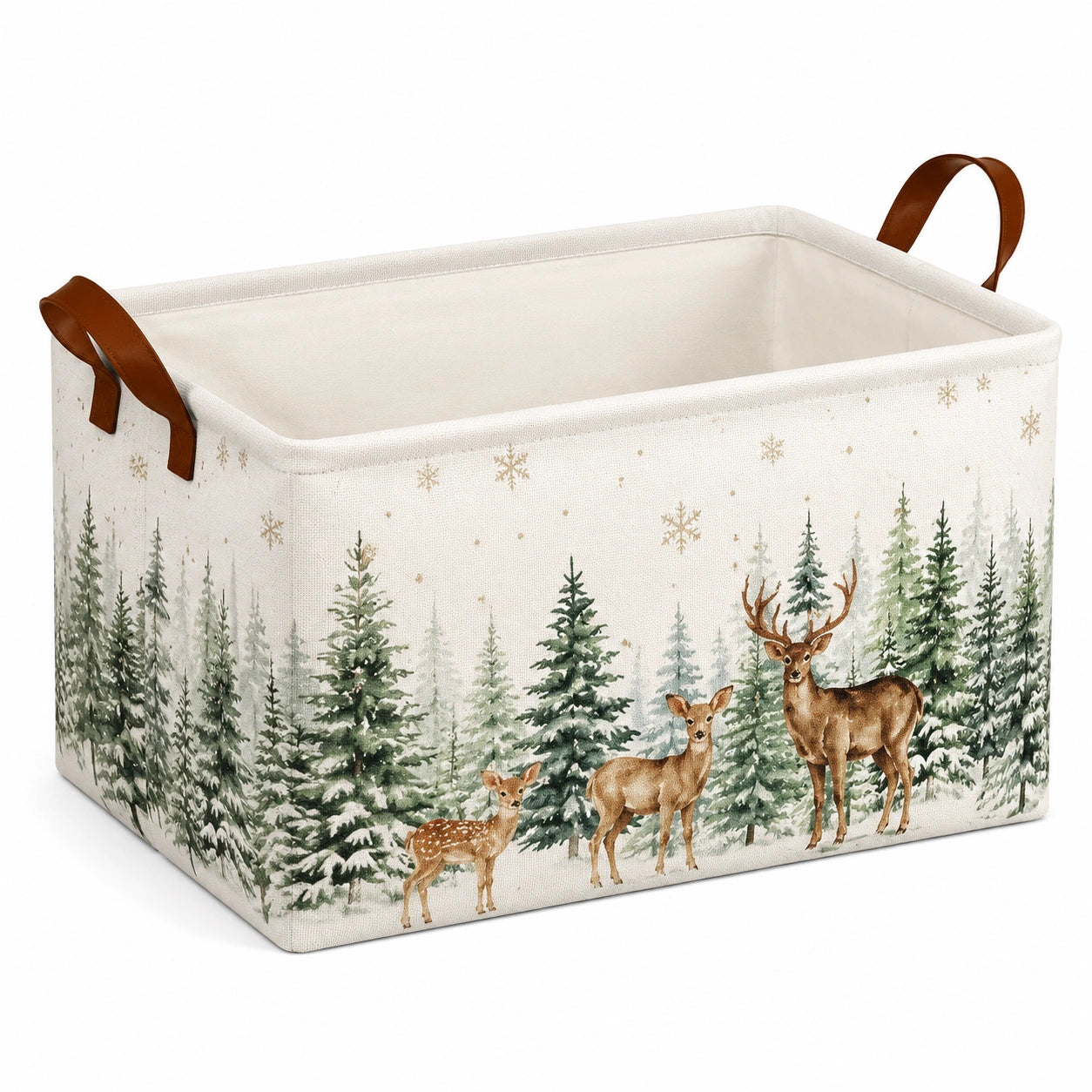 Panier de rangement rectangulaire 40 x 30 x 30 cm en tissu blanc motif forêt enneigée avec poignées brun