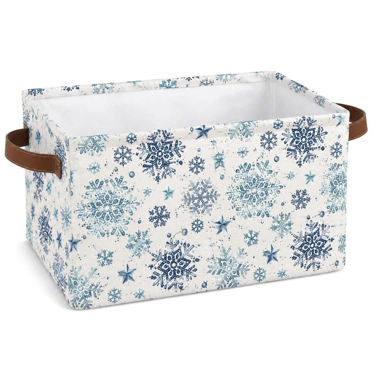 Panier de rangement 38 x 28 x 25 cm en tissu blanc et bleu à flocons avec poignées style hiver