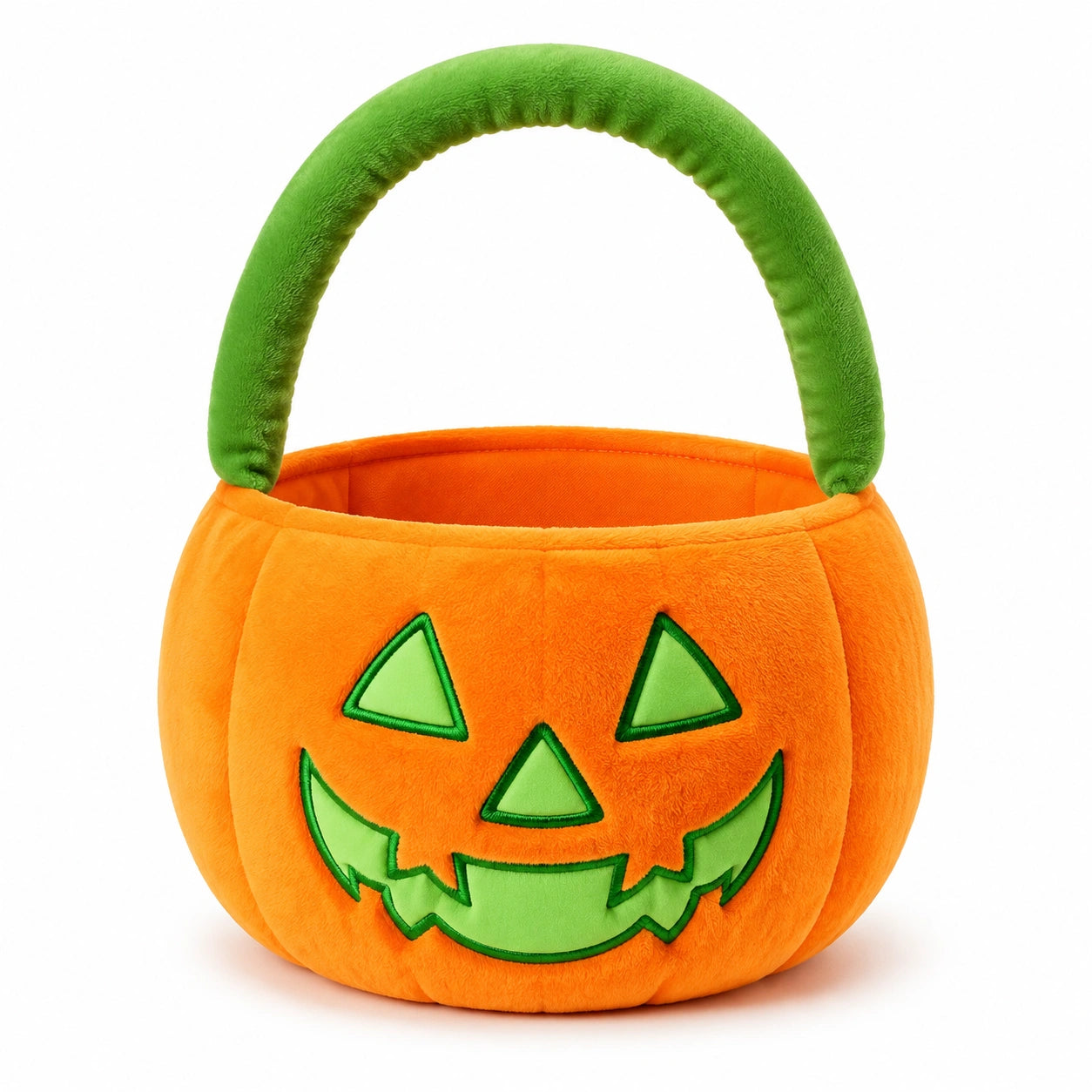 Sac panier citrouille 25 x 16 x 24 cm en peluche orange et vert avec poignée pour friandises