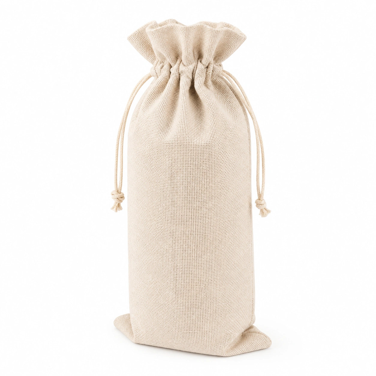 Sac cadeau pour bouteille 12 x 12 x 35 cm en tissu écru à cordon coulissant