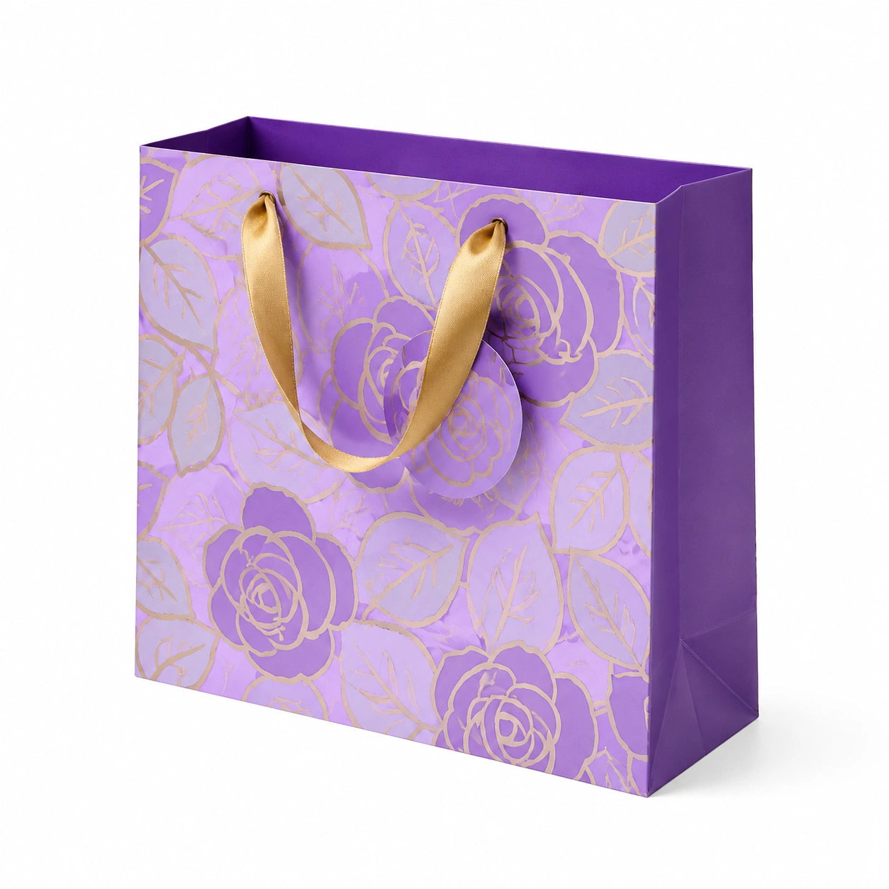 Sac cadeau 26 x 12 x 23 cm en papier violet et doré à motif floral avec anses ruban