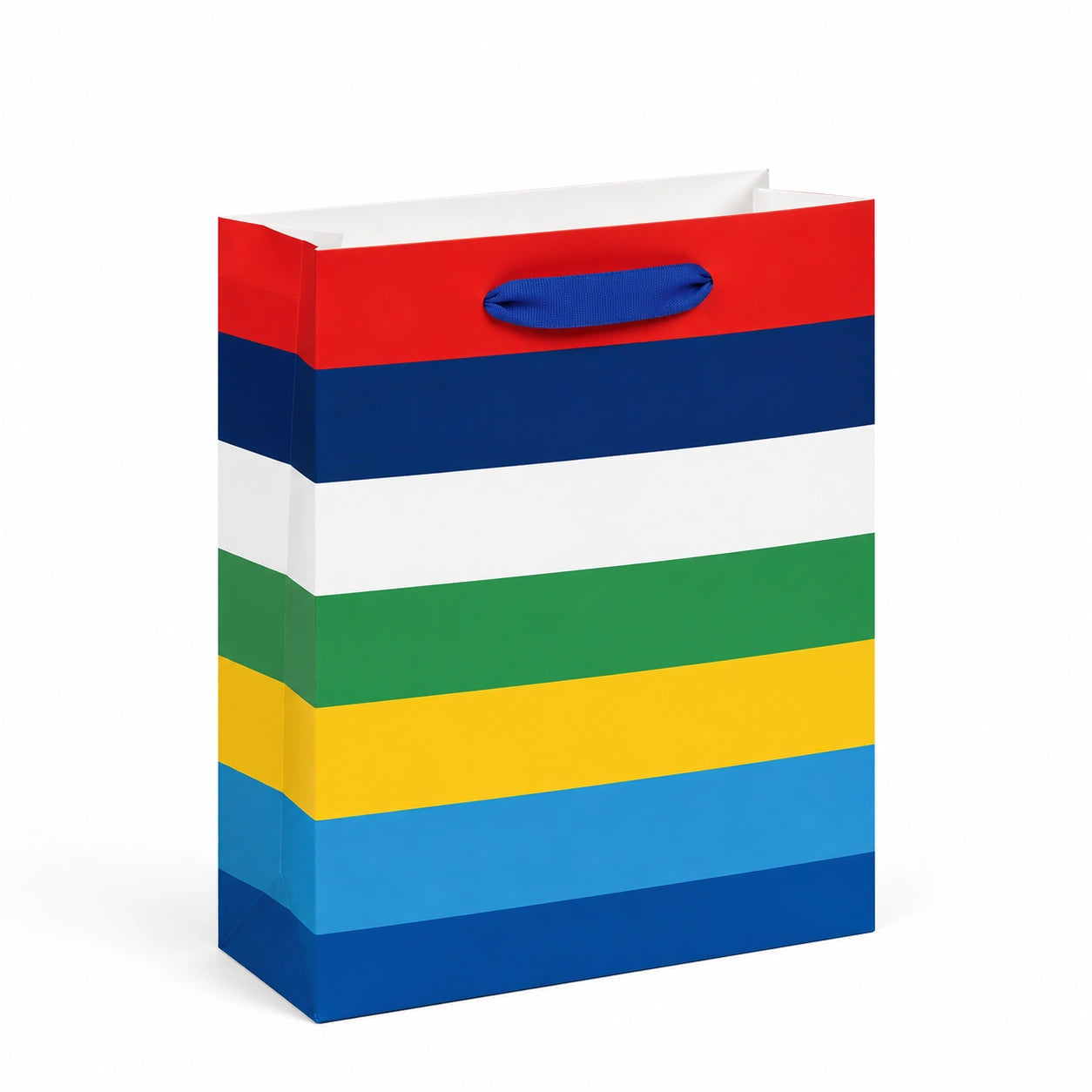 Sac cadeau 32 x 12 x 42 cm en papier rouge bleu blanc vert jaune à rayures avec poignées pour emballage festif
