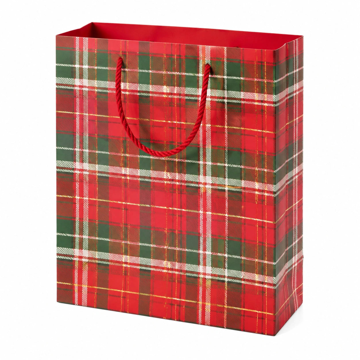 Sac cadeau 26 x 12 x 32 cm en papier rouge vert à carreaux avec poignées torsadées