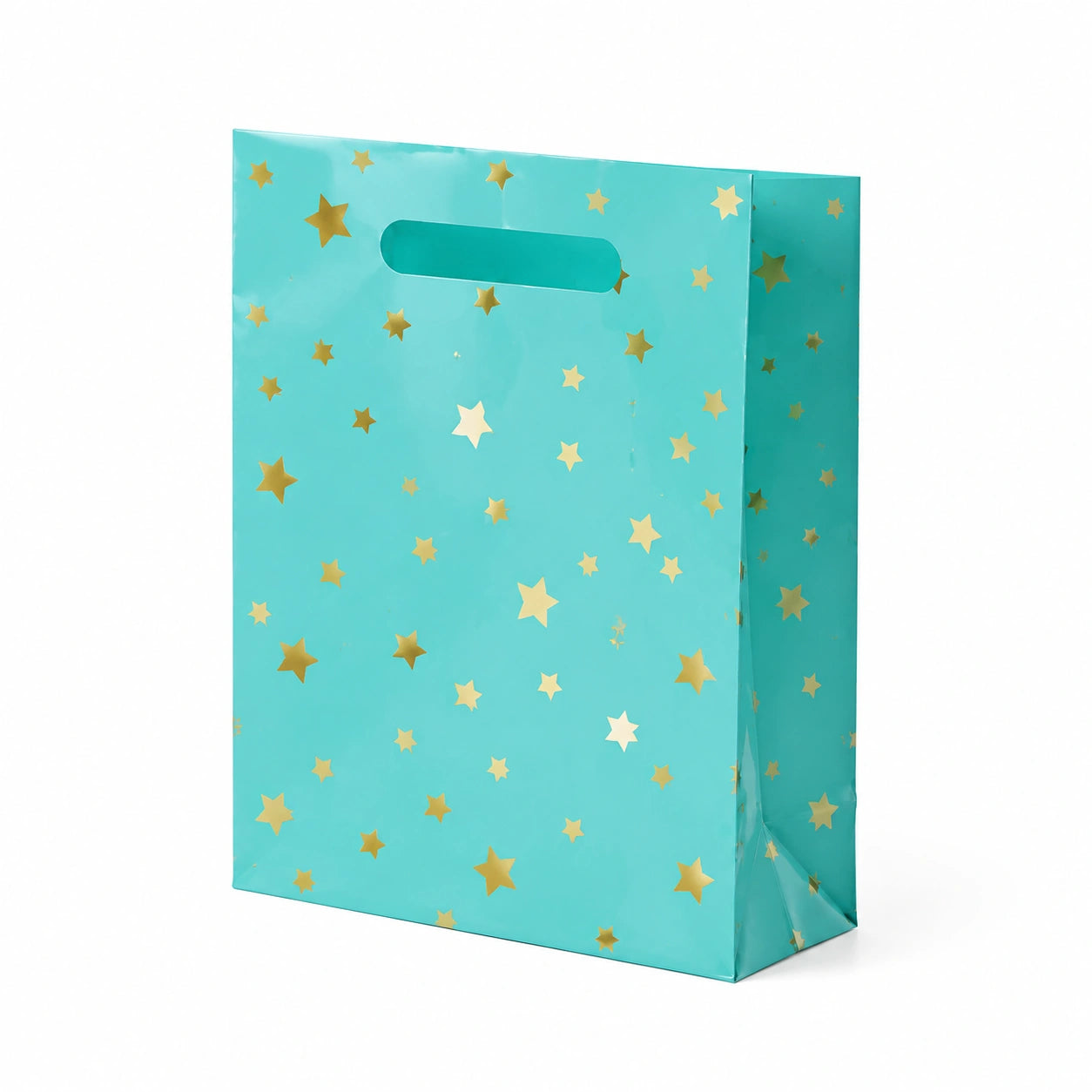 Sac cadeau 26 x 12 x 32 cm en papier turquoise à étoiles dorées avec poignées découpées